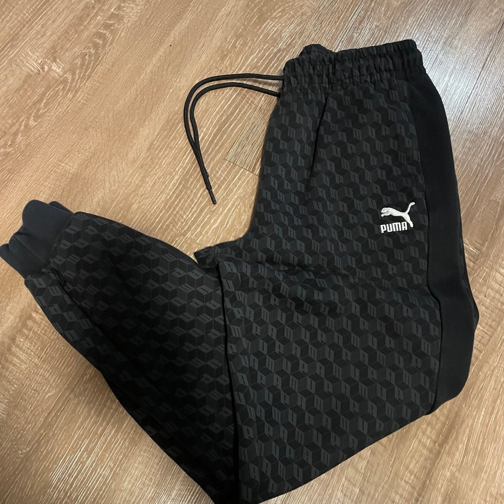 Puma Mens Joggers Large Black Geometric Monogram Print Track Pants 596743-01